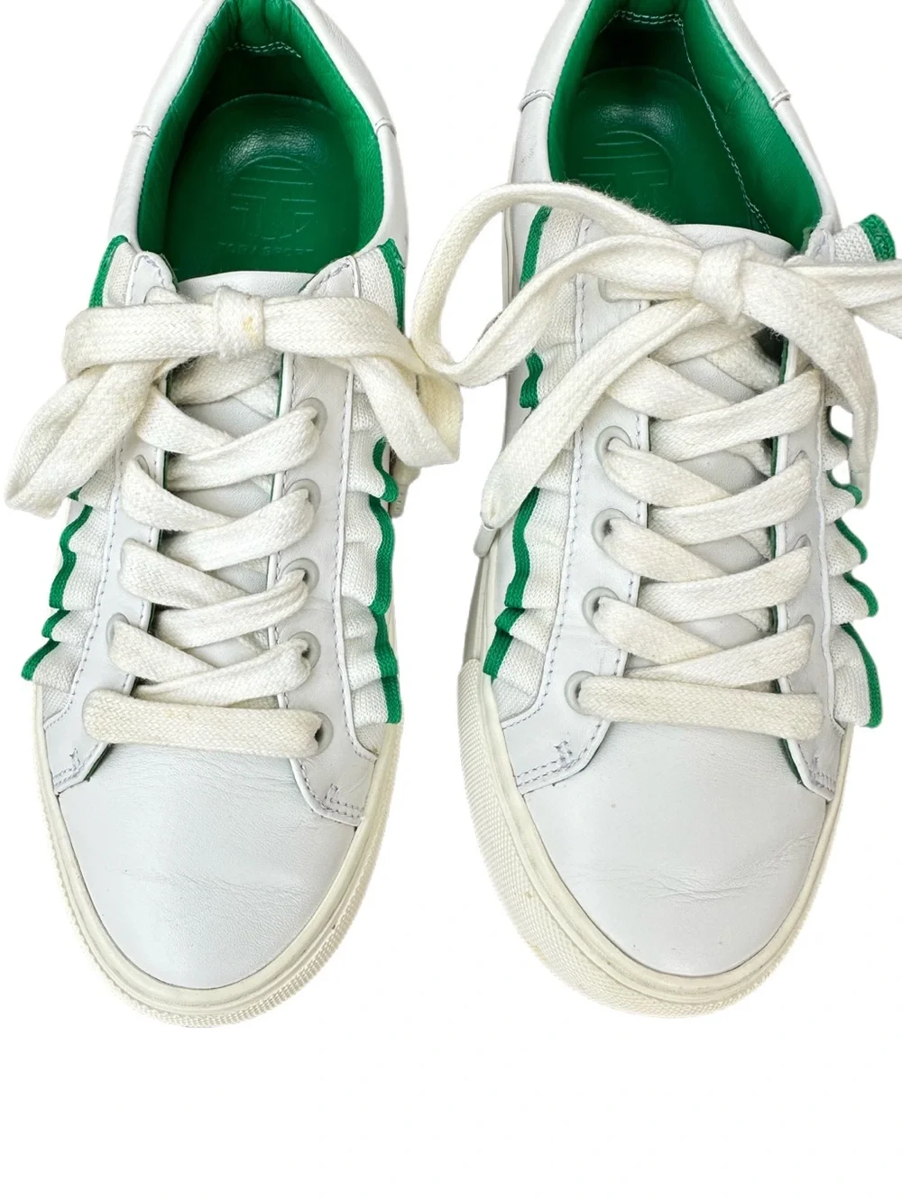 Tory Sport Howell Court Ruffle Leather Sneakers White Green Size 5.5